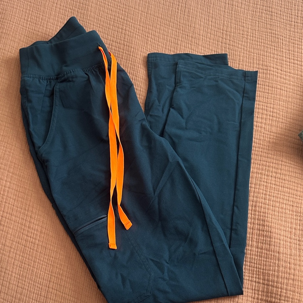 Figs Women's Teal Scrub Pants with Orange Drawstring
